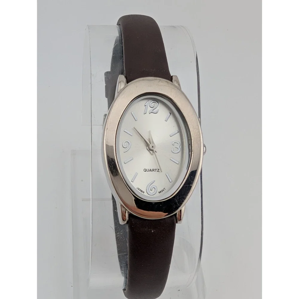 Avon Watch Women 21mm Silver Case Brown Leather Band- New‎ Battery